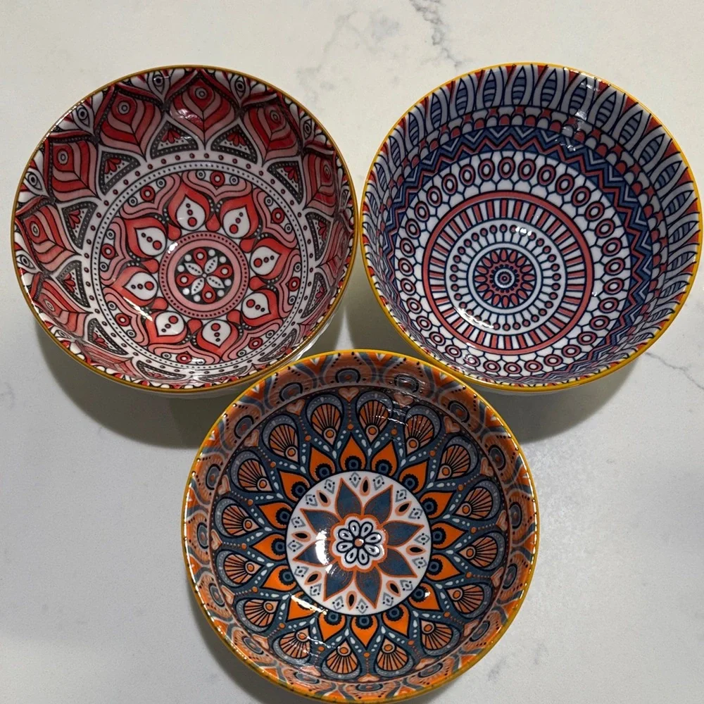 Hand-Painted Mandala Ceramic Bowls - Set with Red, Blue & Orange Designs 3 Bowls - Picture 1 of 6